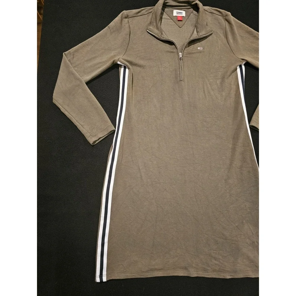Tommy Jeans One Piece Long Sleeve Olive Green Distressed Womens Size Small Dress